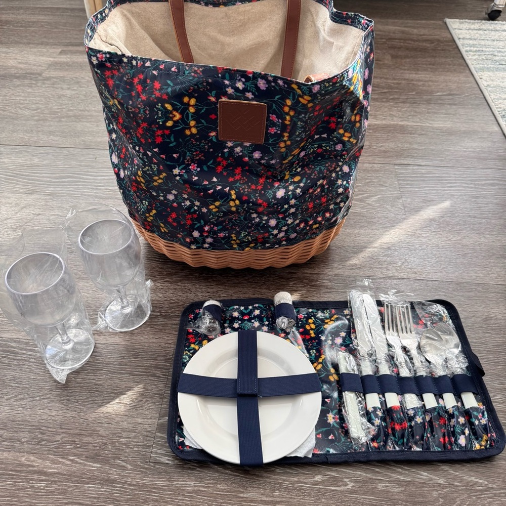 Elegant Floral Picnic Basket Set with Tableware